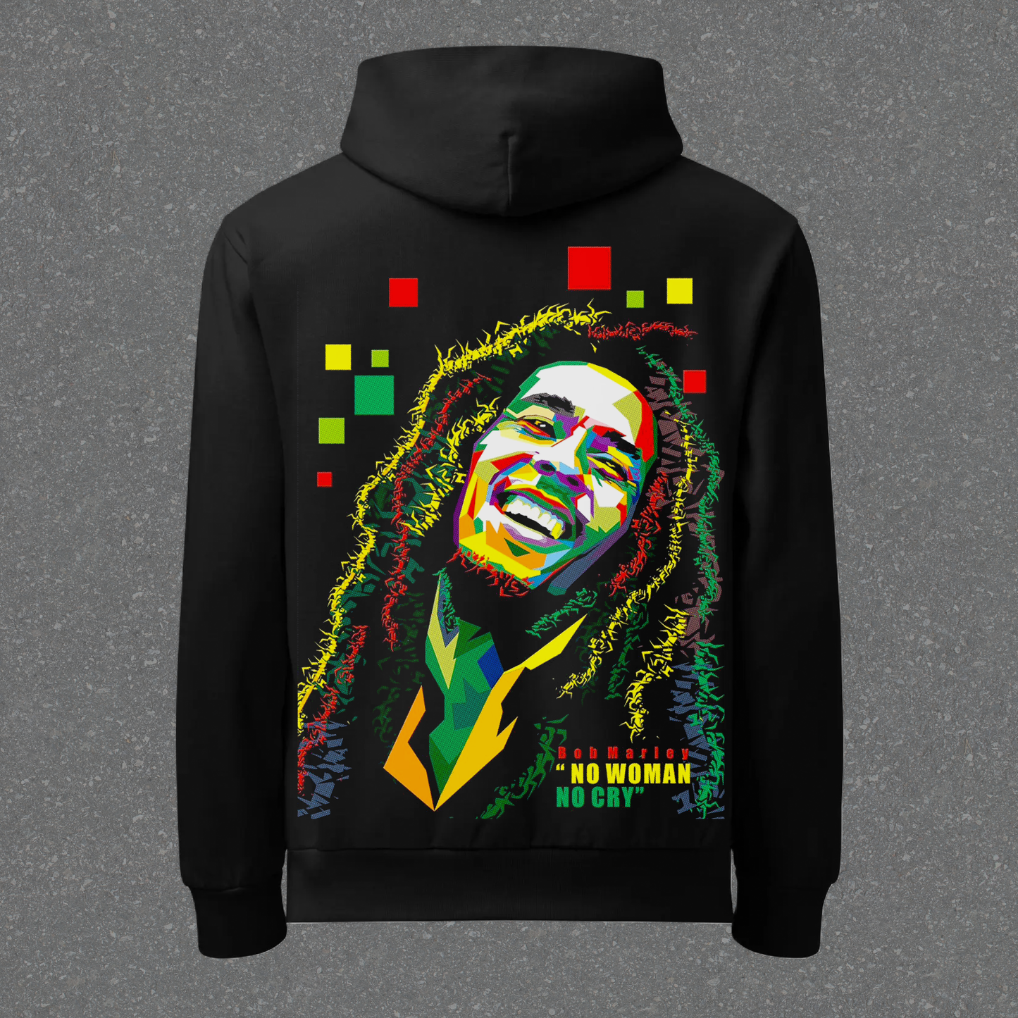 Black hoodie with colorful graphic of a famous musician on the back, displayed against a gray background.