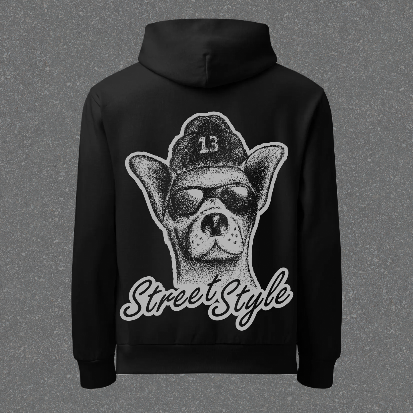 Black hoodie with a dog graphic and 'Street Style' text on the back against a gray background
