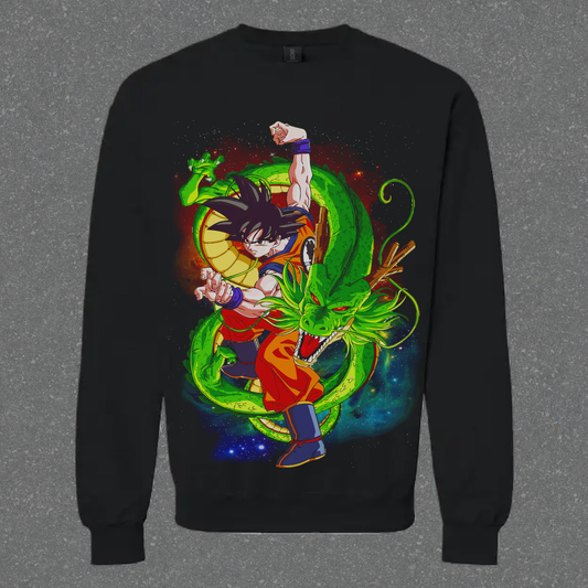 Black sweatshirt with a colorful graphic of a character holding a dragon on a gray background