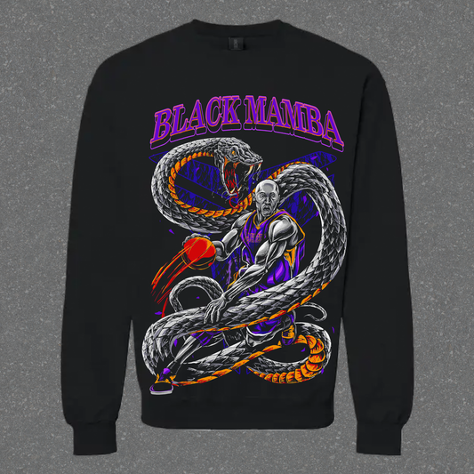 Black sweatshirt with a graphic of a snake and a person holding a basketball, labeled 'Black Mamba'.