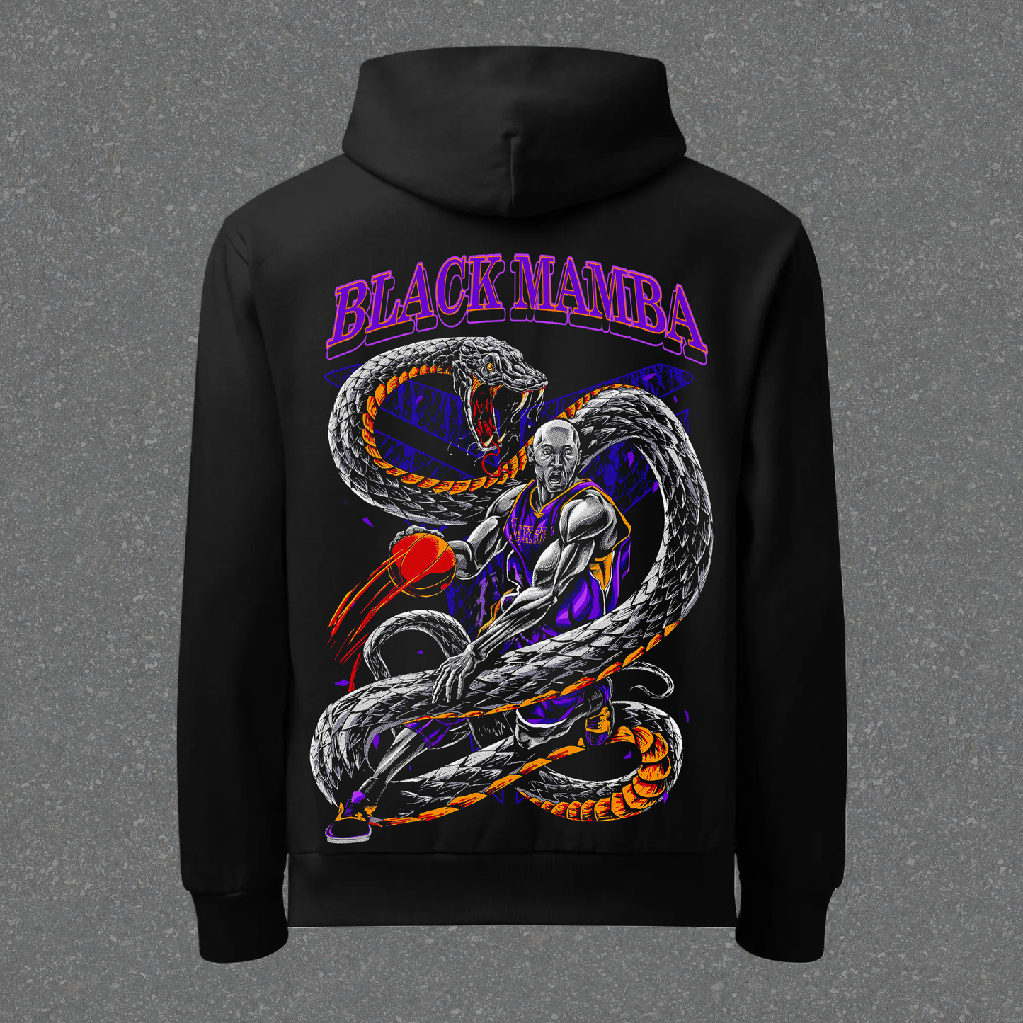 Black hoodie with 'Black Mamba' graphic design on a gray background