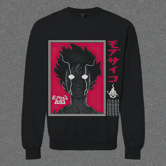 Black sweatshirt with a graphic design of a character on a red background