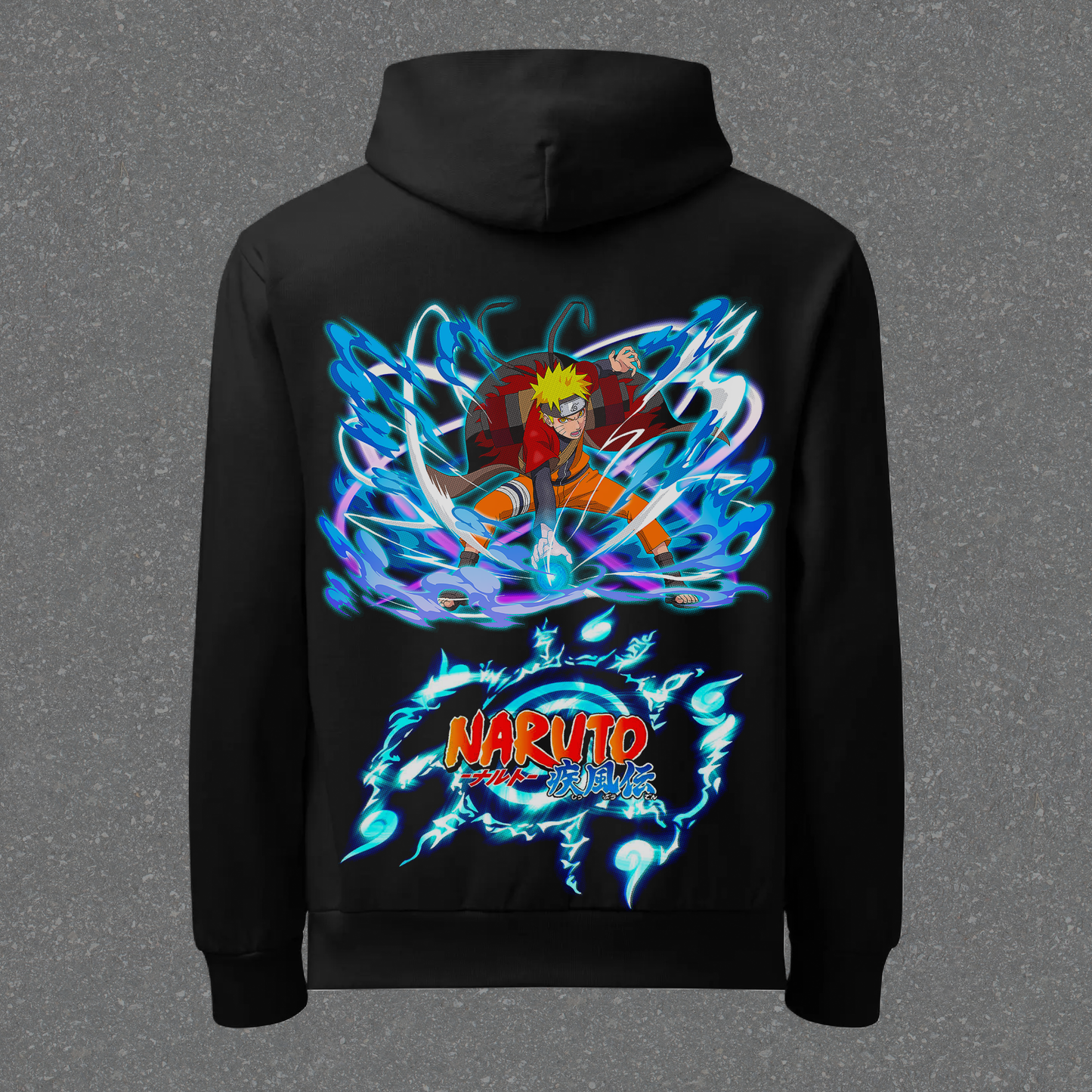 Black hoodie with colorful graphic design on the back against a gray background