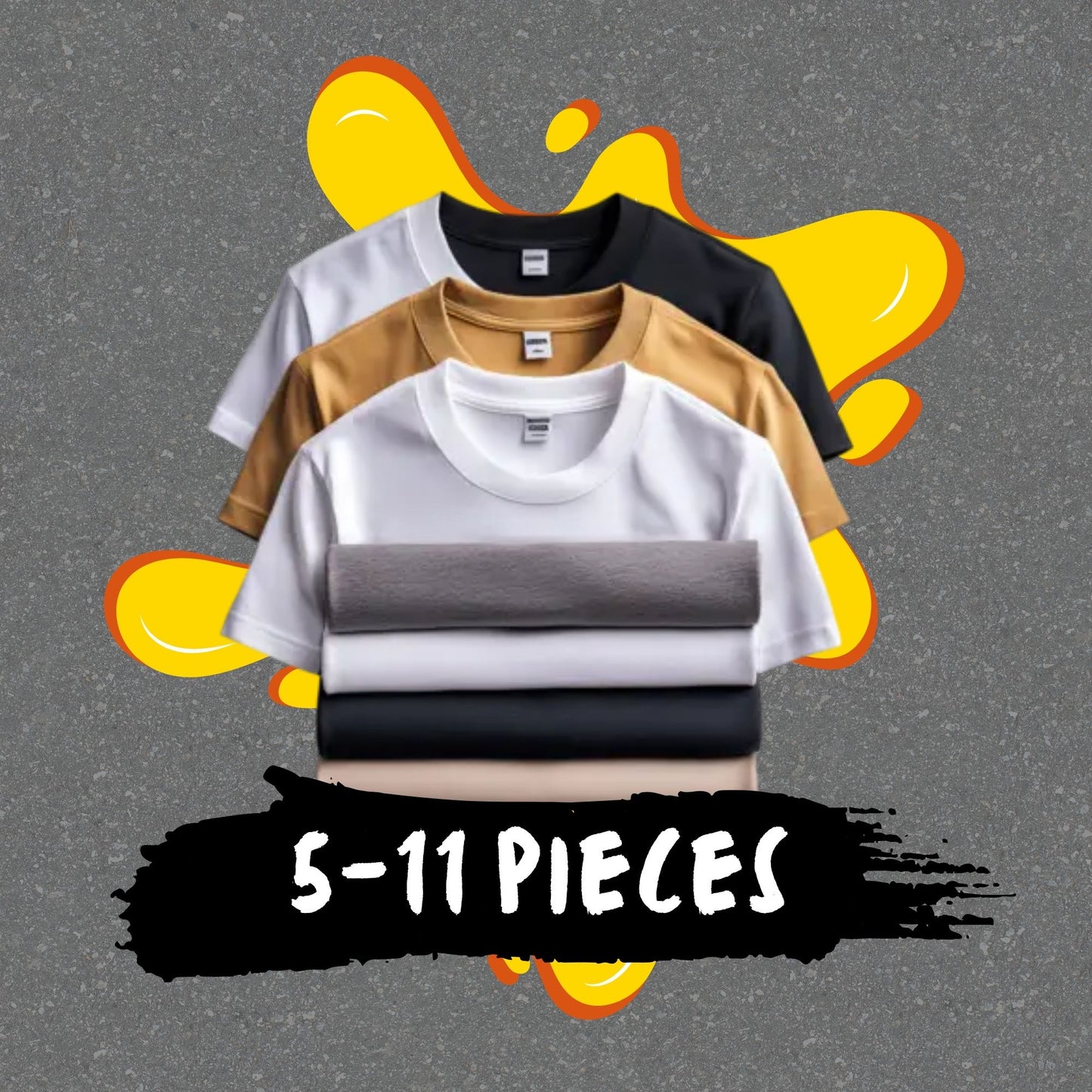 Stack of t-shirts with a gray background and colorful abstract shapes
