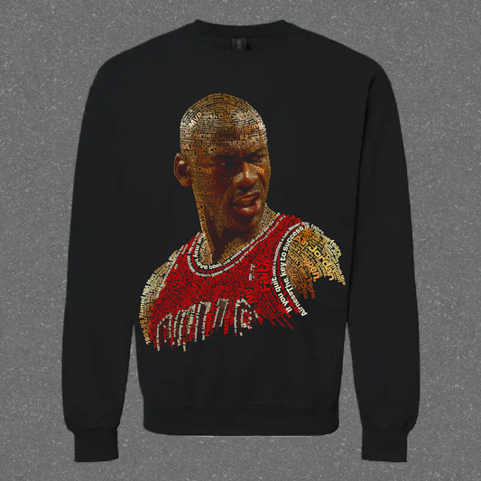 Black sweatshirt with a graphic design of a character on a red background
