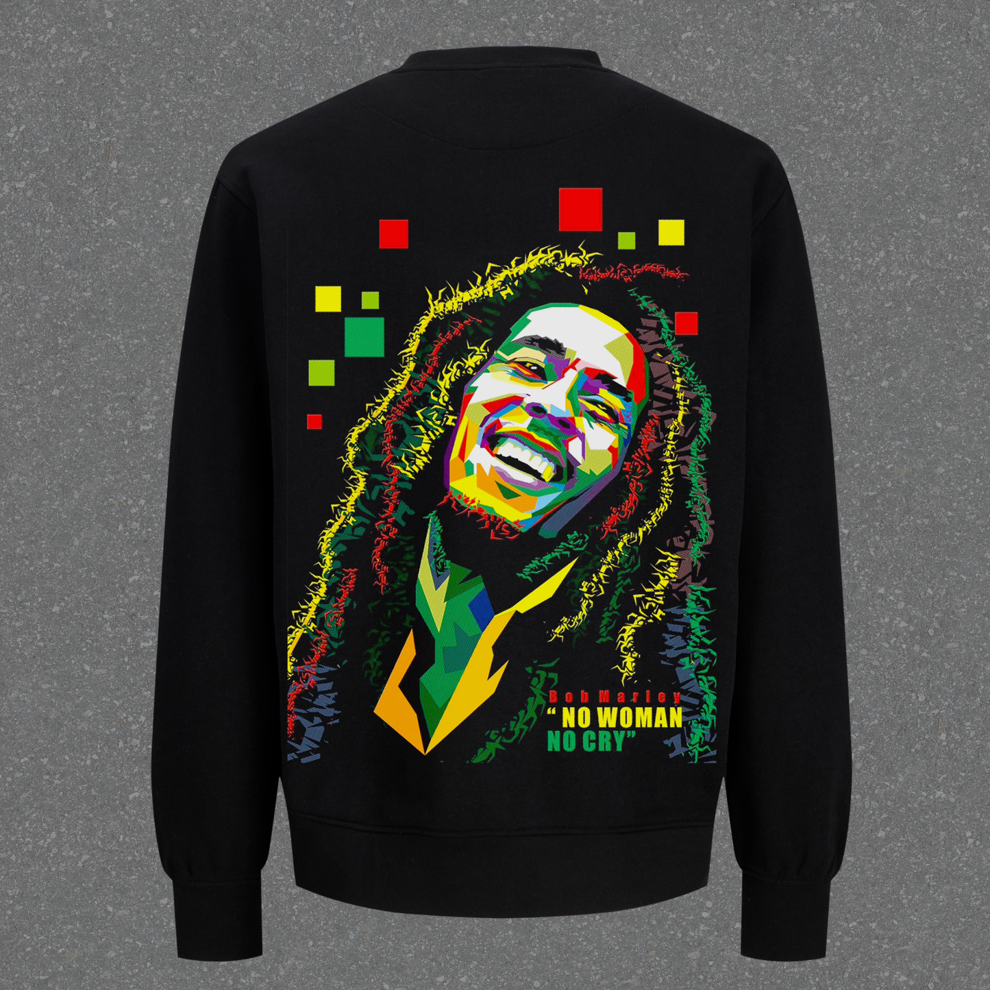 Black crewneck with graphic design featuring a graphic of Bob and text on a gray background