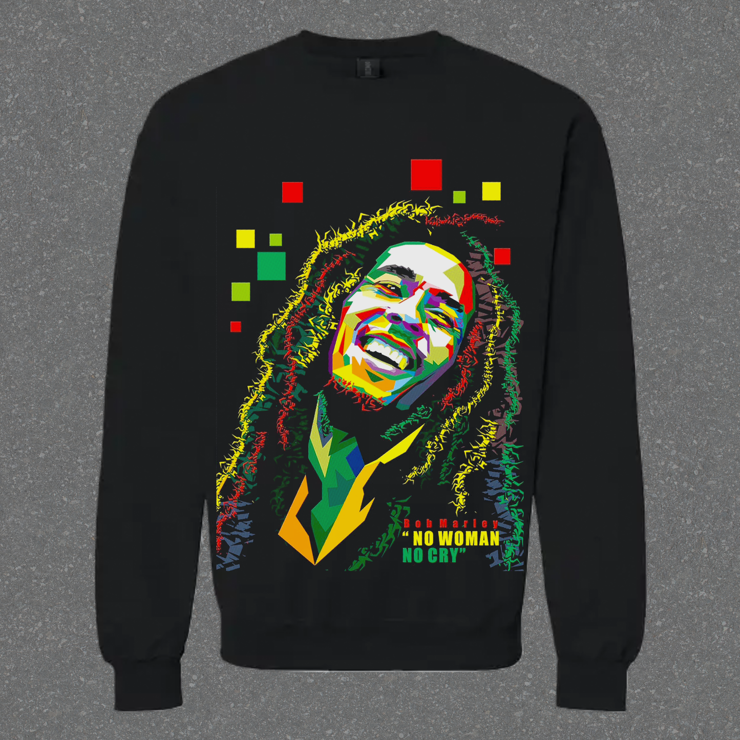 Black crewneck with graphic design featuring a graphic of Bob and text on a gray background