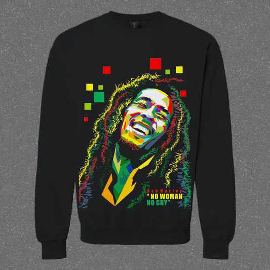 Black crewneck with graphic design featuring a graphic of Bob and text on a gray background