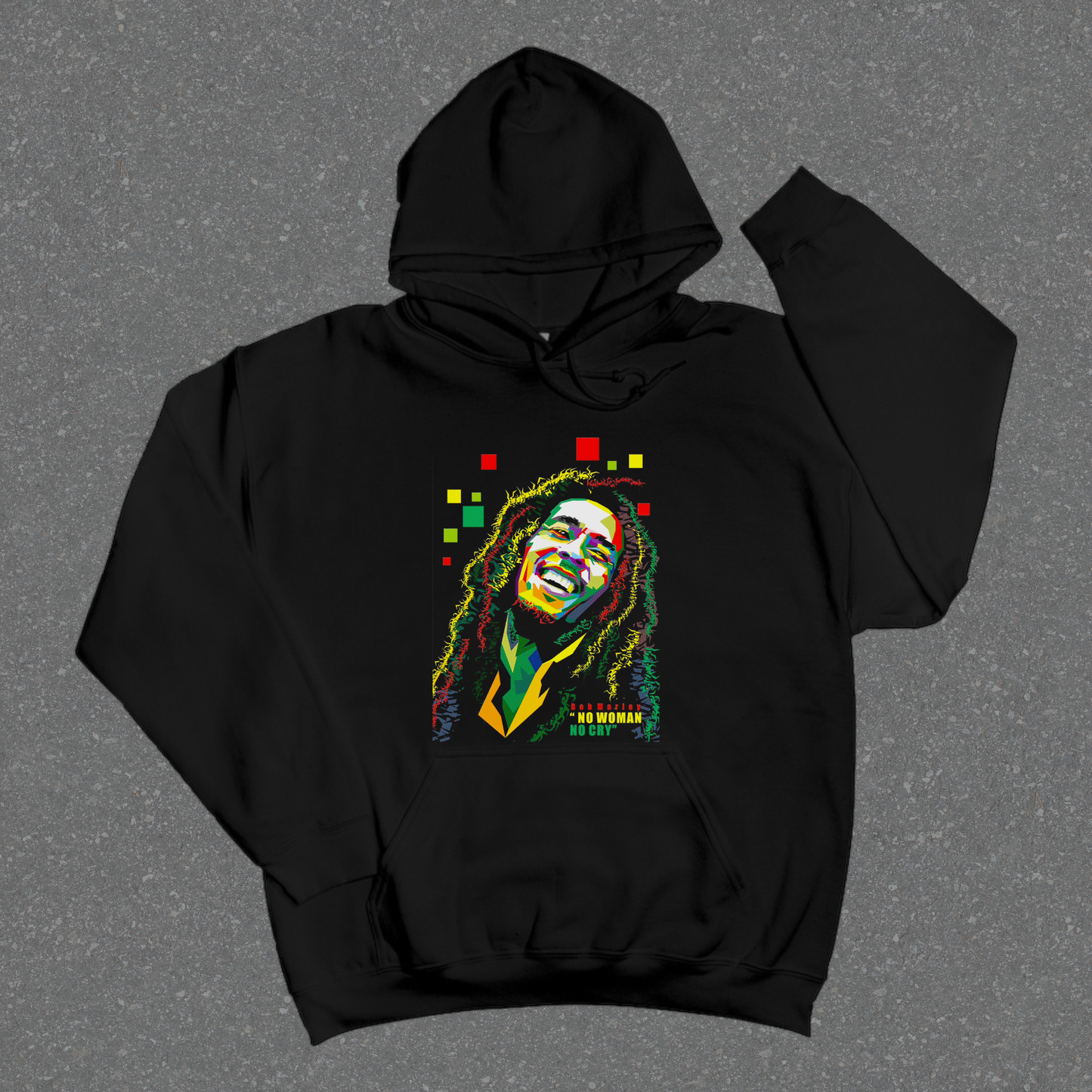 Black hoodie with graphic design featuring a graphic of Bob and text on a gray background