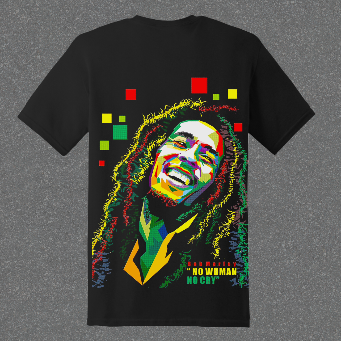 Black t-shirt with graphic design featuring a graphic of Bob and text on a gray background