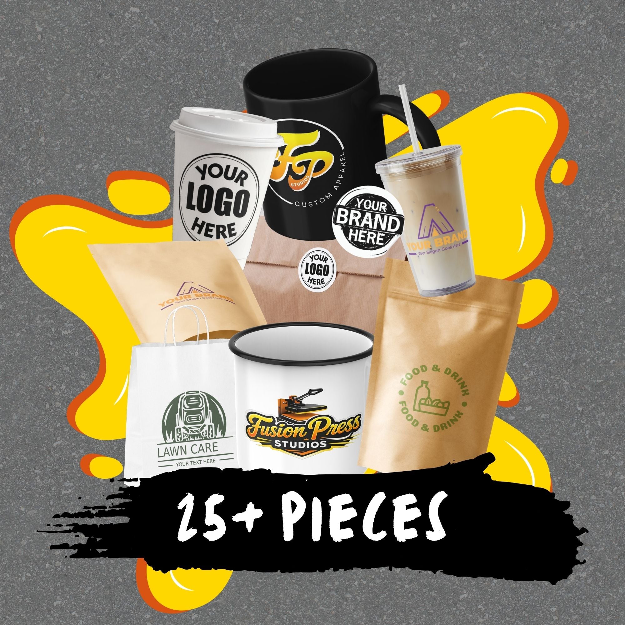 Promotional image of branded promotional items including mugs, cups, and bags on a gray background with yellow accents.
