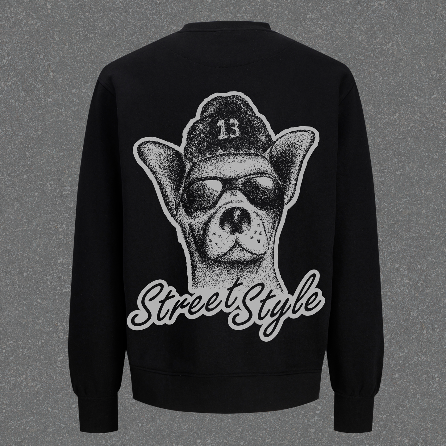 Black sweatshirt with a dog graphic and 'Street Style' text on the back against a gray background