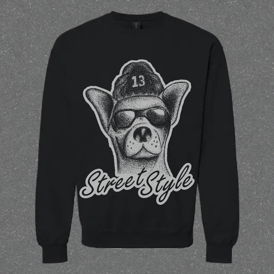 Black sweatshirt with a graphic of a dog wearing a cap and sunglasses, and the text 'Street Style'.