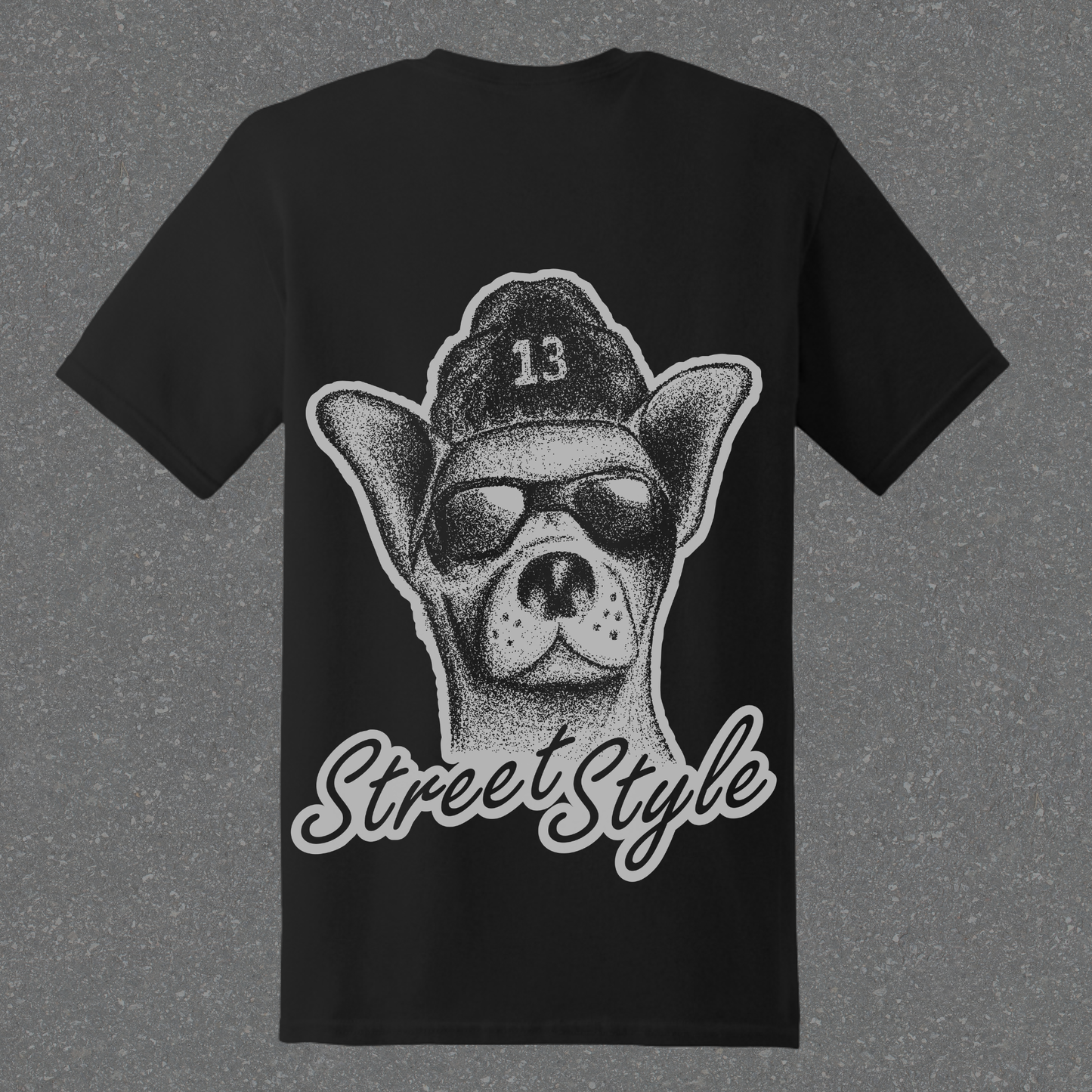 Black t-shirt with a graphic of a dog wearing sunglasses and a cap, and 'Street Style' text on a gray background.