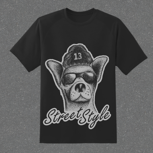 Black t-shirt with a graphic of a dog wearing sunglasses and a cap, and the text 'Street Style' on a gray background.