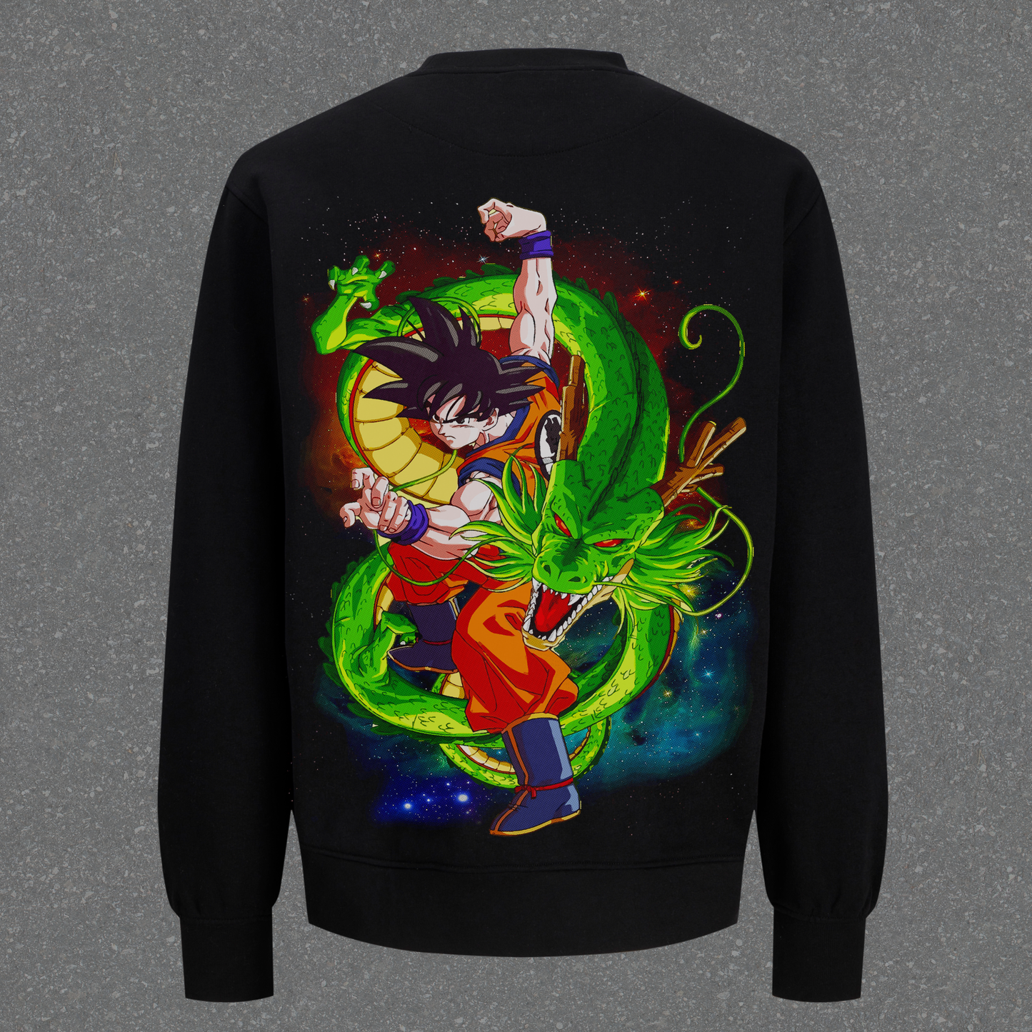 Black sweatshirt with a colorful graphic of a character and dragon on the back against a gray background