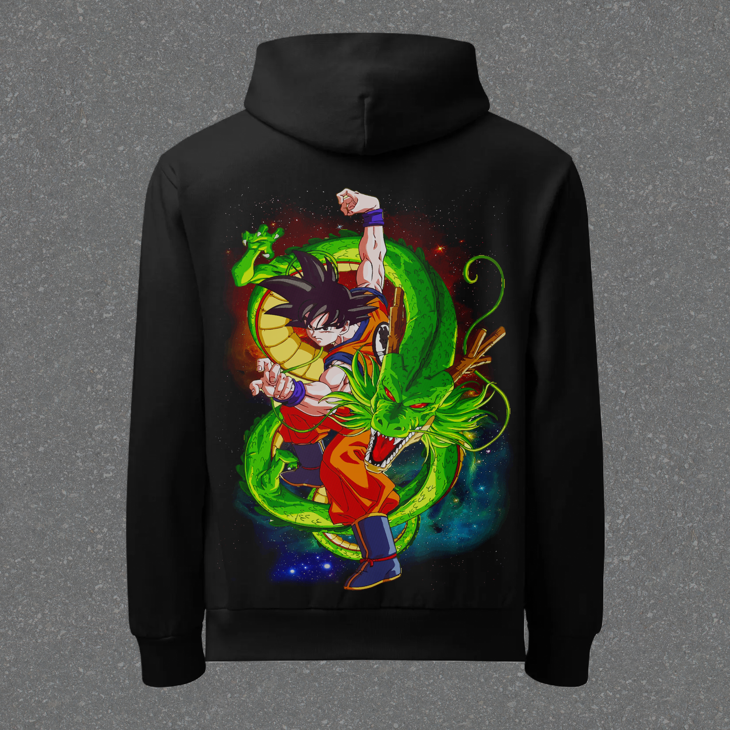 Black hoodie with colorful graphic design on the back against a gray background