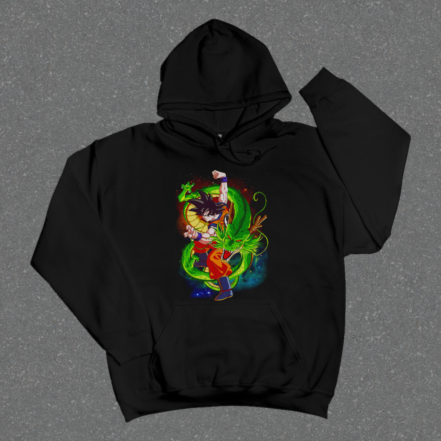 Black hoodie with colorful graphic design on a gray background