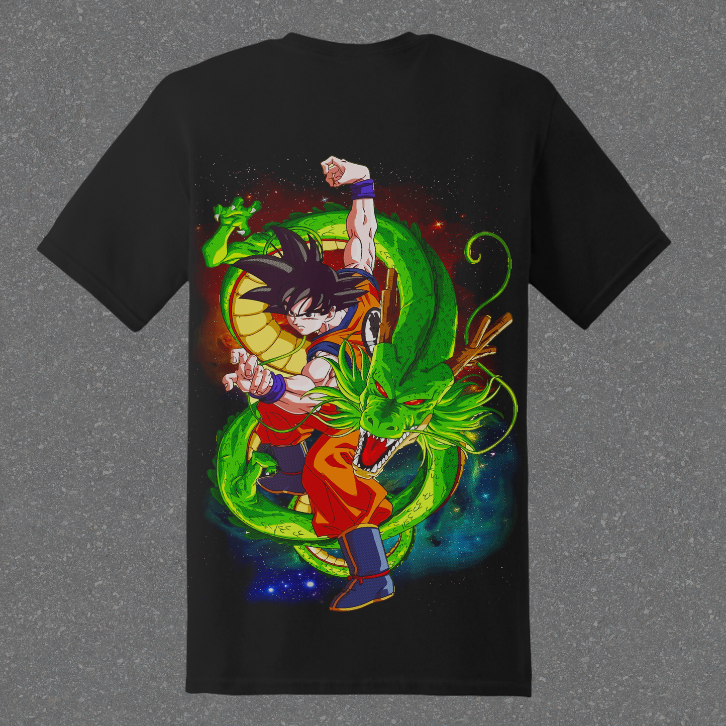 Black t-shirt with a colorful graphic of a character and a dragon on a gray background