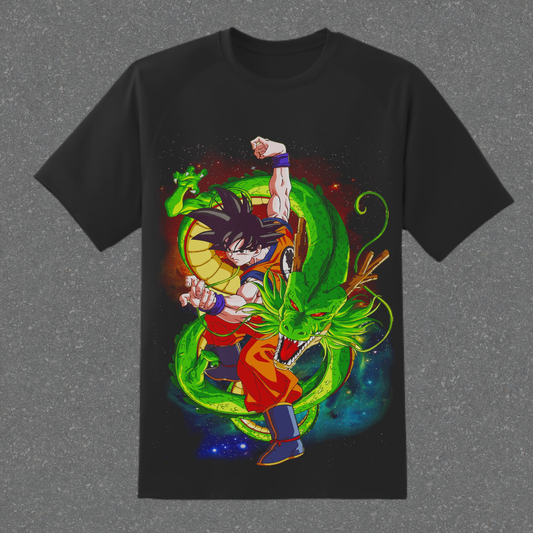 Black t-shirt with a colorful graphic of a character and green dragon on a dark background