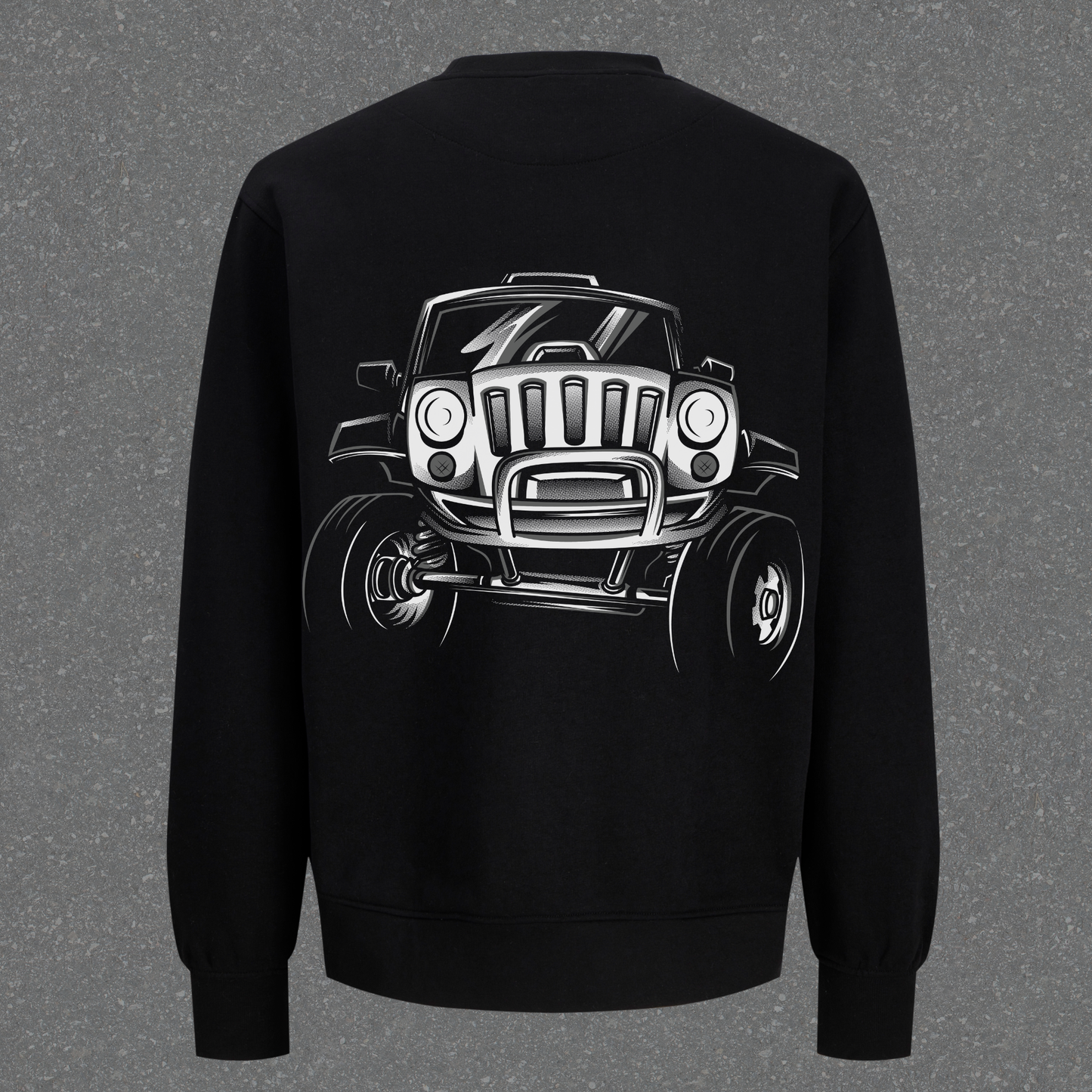Black sweatshirt with a white graphic of a truck on the back against a gray background