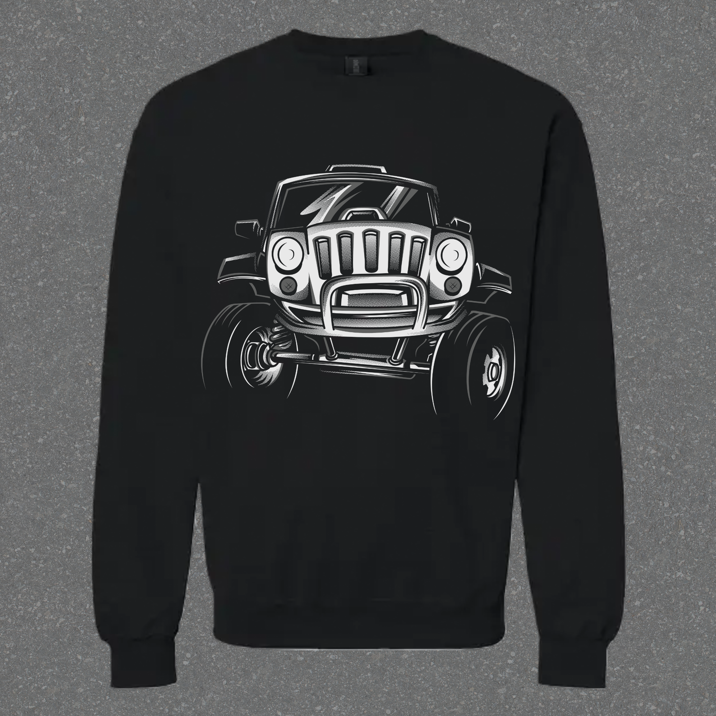 Black sweatshirt with a white graphic of a Jeep on a gray background
