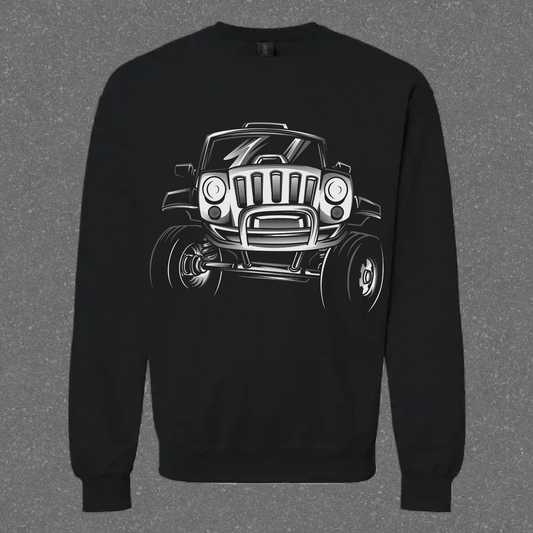 Black sweatshirt with a white graphic of a Jeep on a gray background