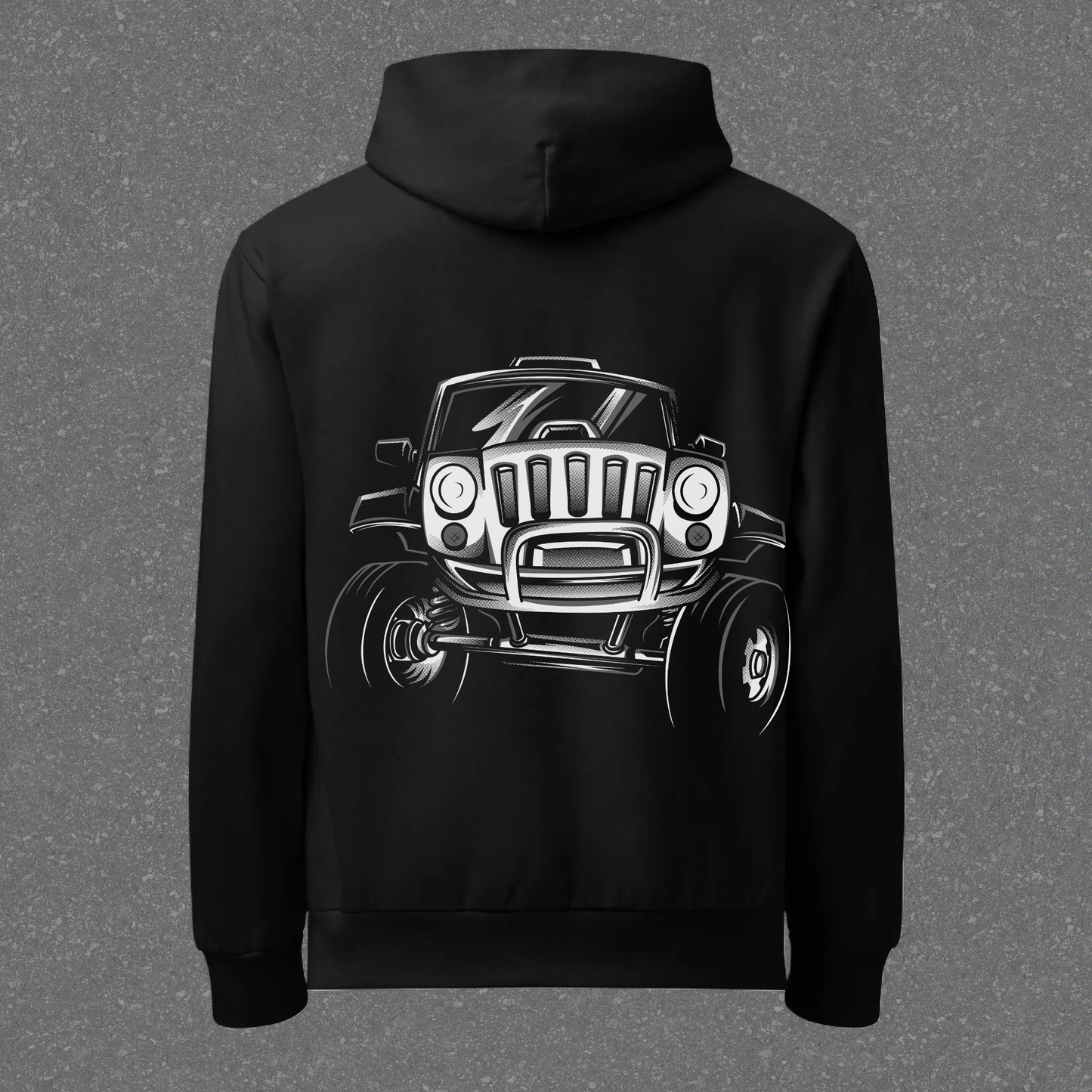 Black hoodie with a graphic of a truck on the back against a gray background