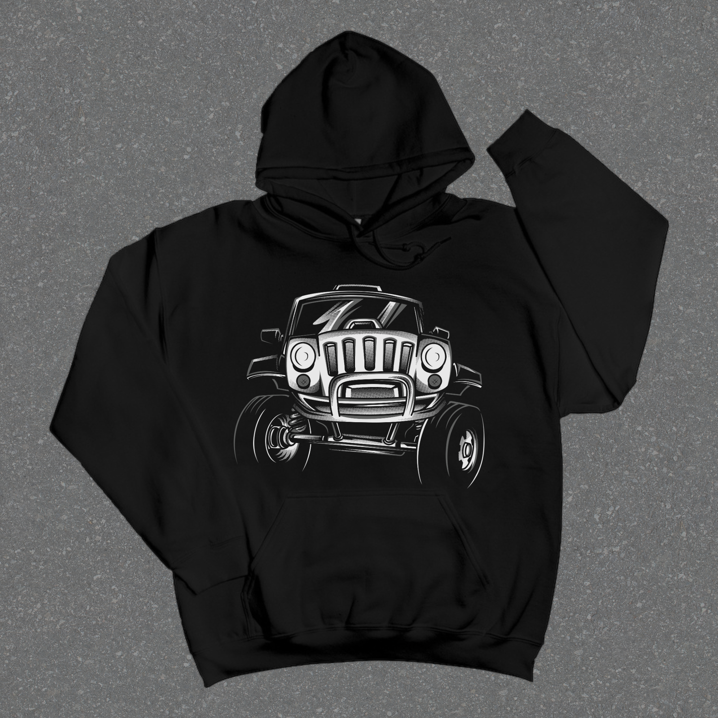Black hoodie with a graphic of a truck on a gray background