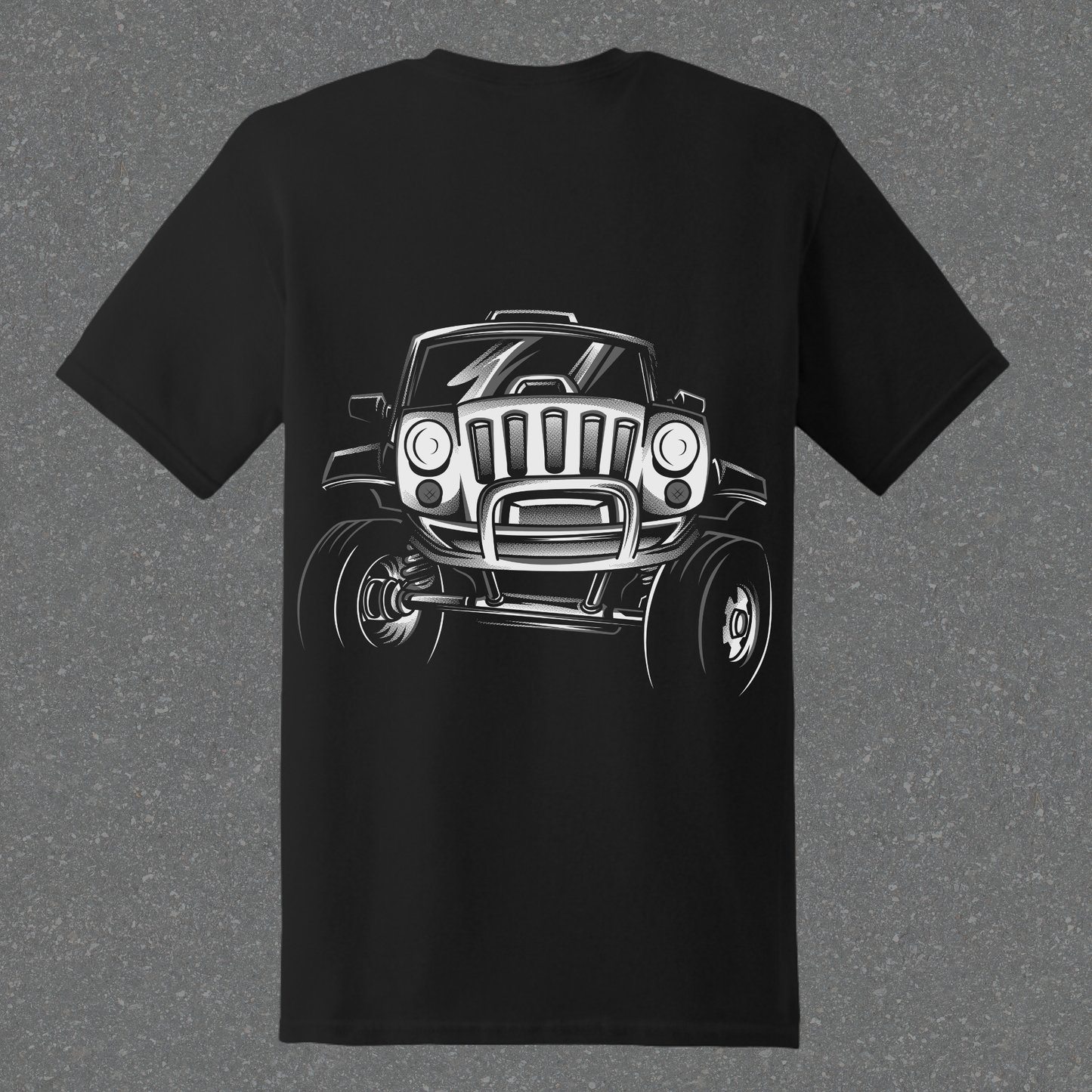 Black t-shirt with a white graphic of a Jeep on the back, against a gray background