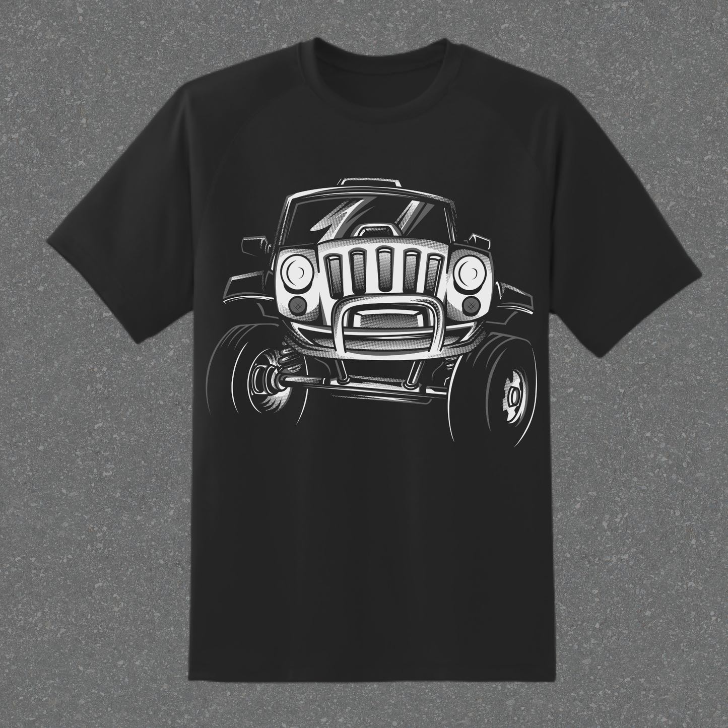 Black t-shirt with a white graphic of a Jeep on a gray background