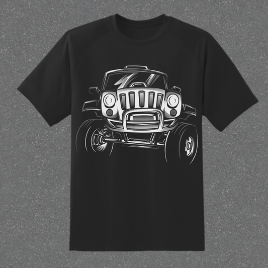 Black t-shirt with a white graphic of a Jeep on a gray background