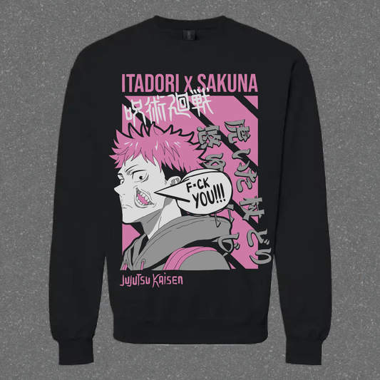 Black sweatshirt with anime character graphic and text on a gray background