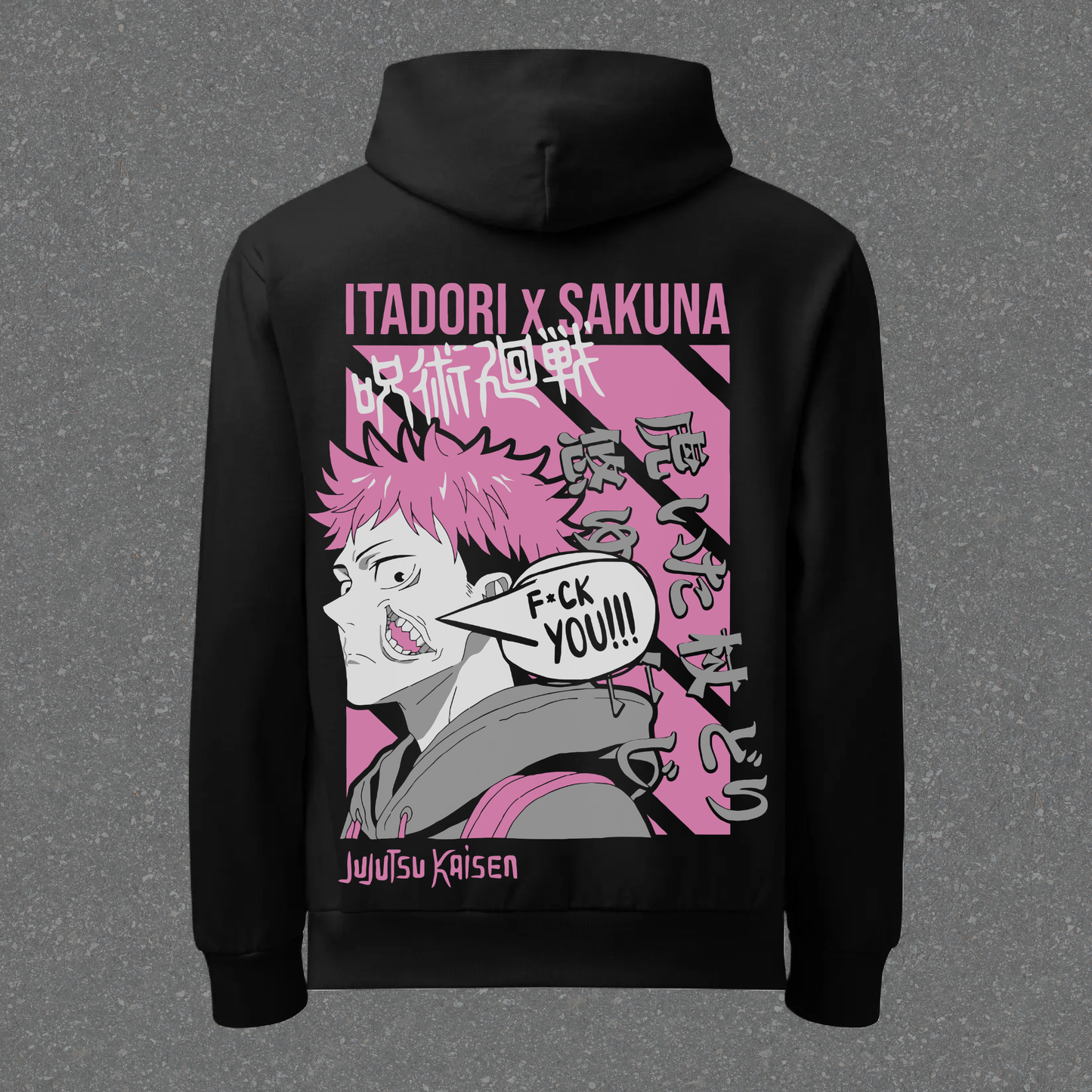 Black hoodie with pink and white graphic design on a gray background