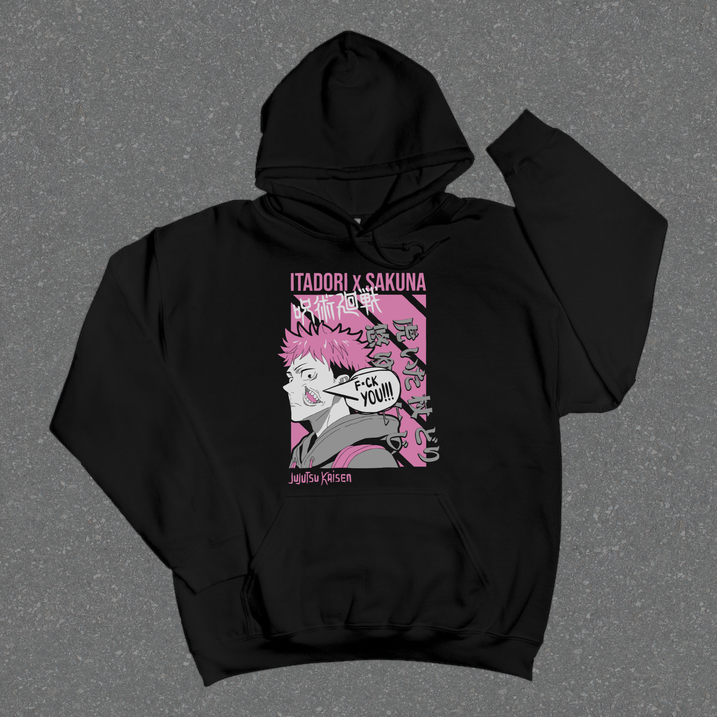Black hoodie with graphic design on a gray background