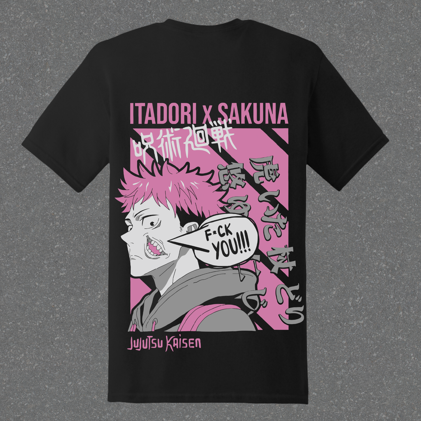 Black t-shirt with anime character design and text on a gray background