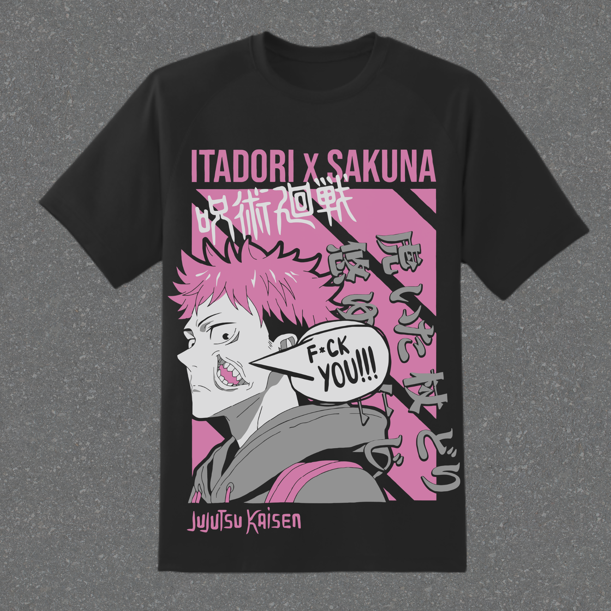 Black t-shirt with graphic design featuring a character with pink hair and text on a gray background