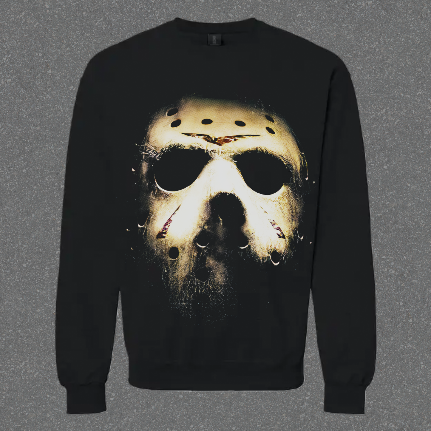 Black sweatshirt with a graphic of a hockey mask on a gray background