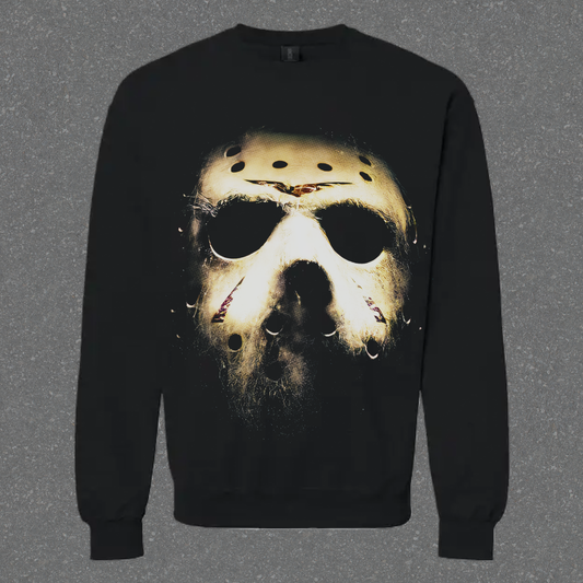 Black sweatshirt with a graphic of a hockey mask on a gray background