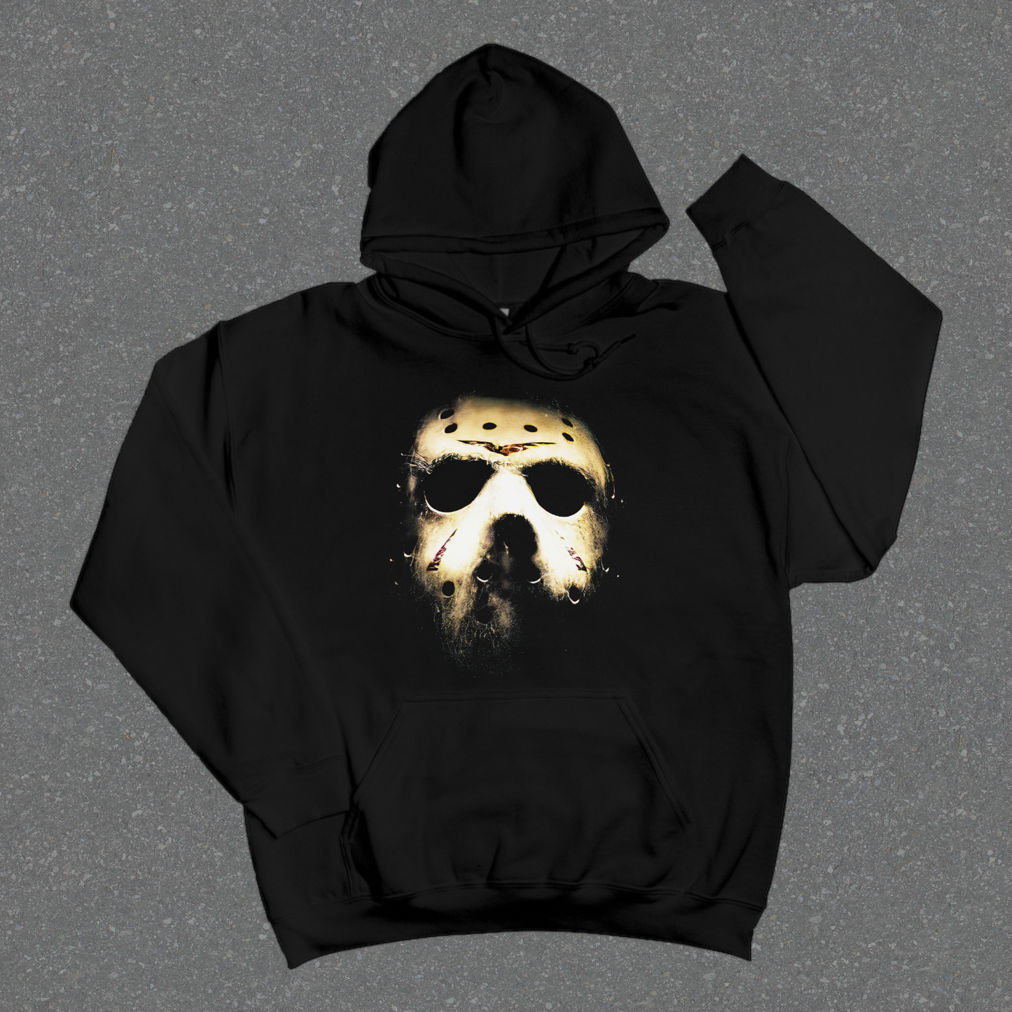 Black hoodie with a graphic design on a gray background