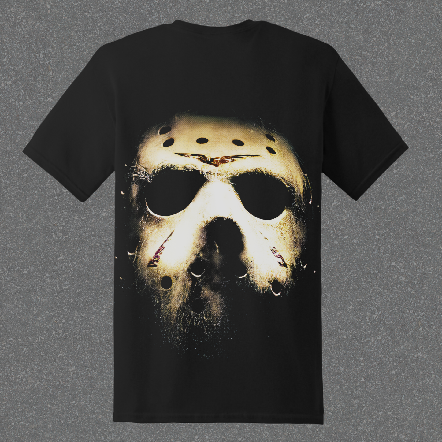 Black t-shirt with a graphic of a hockey mask on a gray background