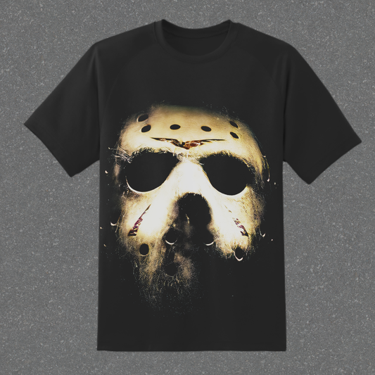 Black t-shirt with a graphic of a mask on a gray background