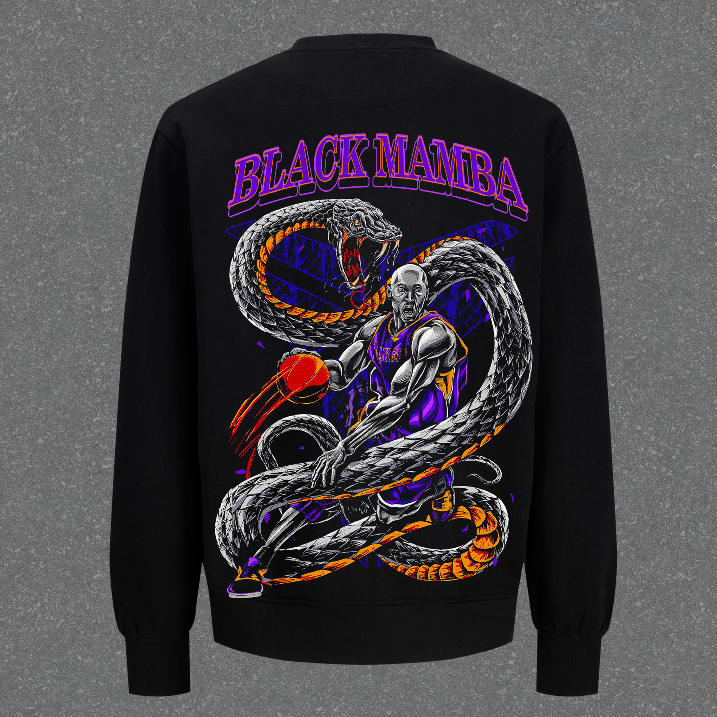 Black sweatshirt with a graphic design of a snake and a person, labeled 'Black Mamba', on a gray background.