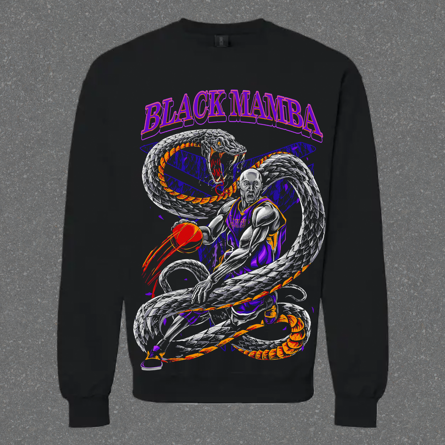Black sweatshirt with a graphic of a snake and a person holding a basketball, labeled 'Black Mamba'.