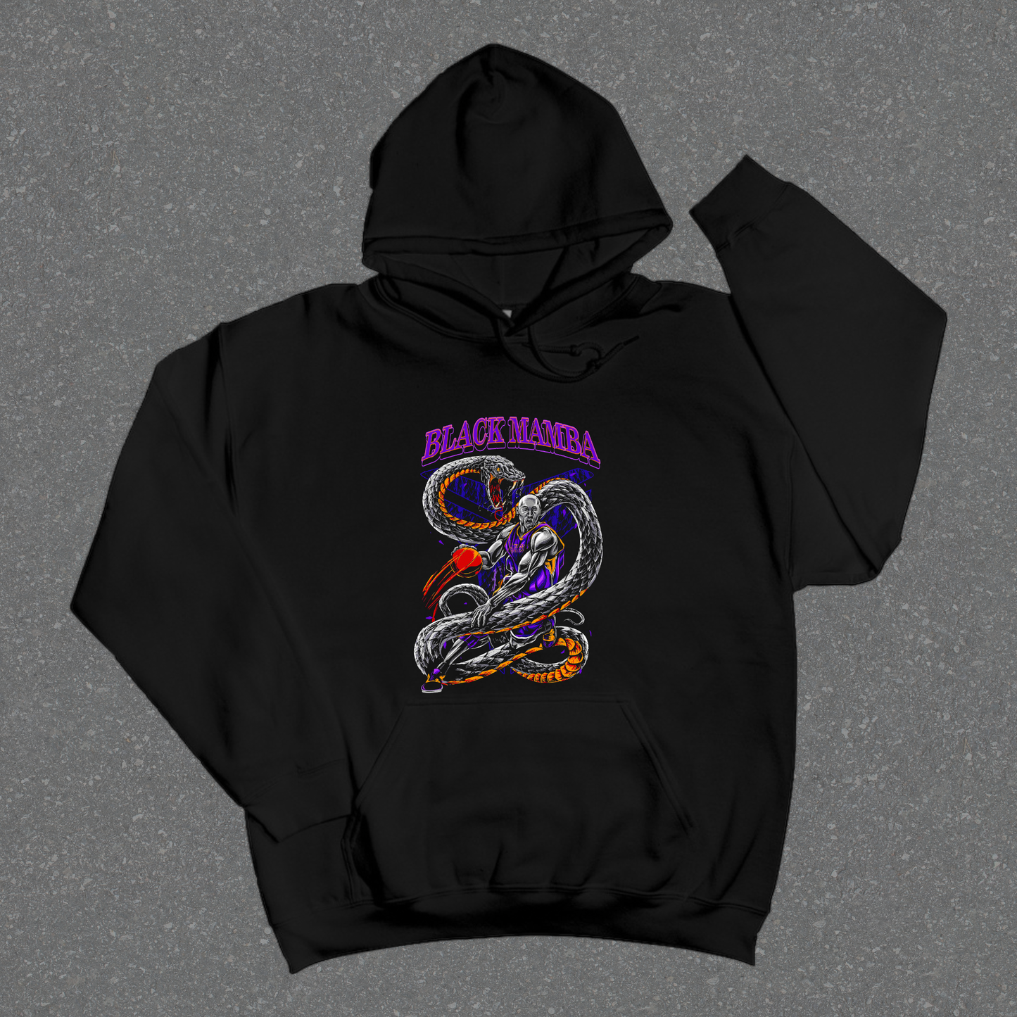 Black hoodie with a colorful snake design and 'Black Mamba' text on a gray background