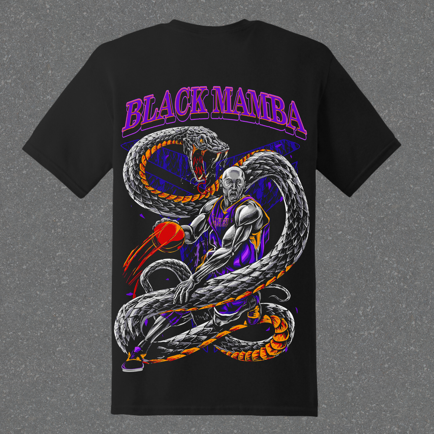 Black t-shirt with 'Black Mamba' graphic design featuring a snake and muscular figure on a gray background.