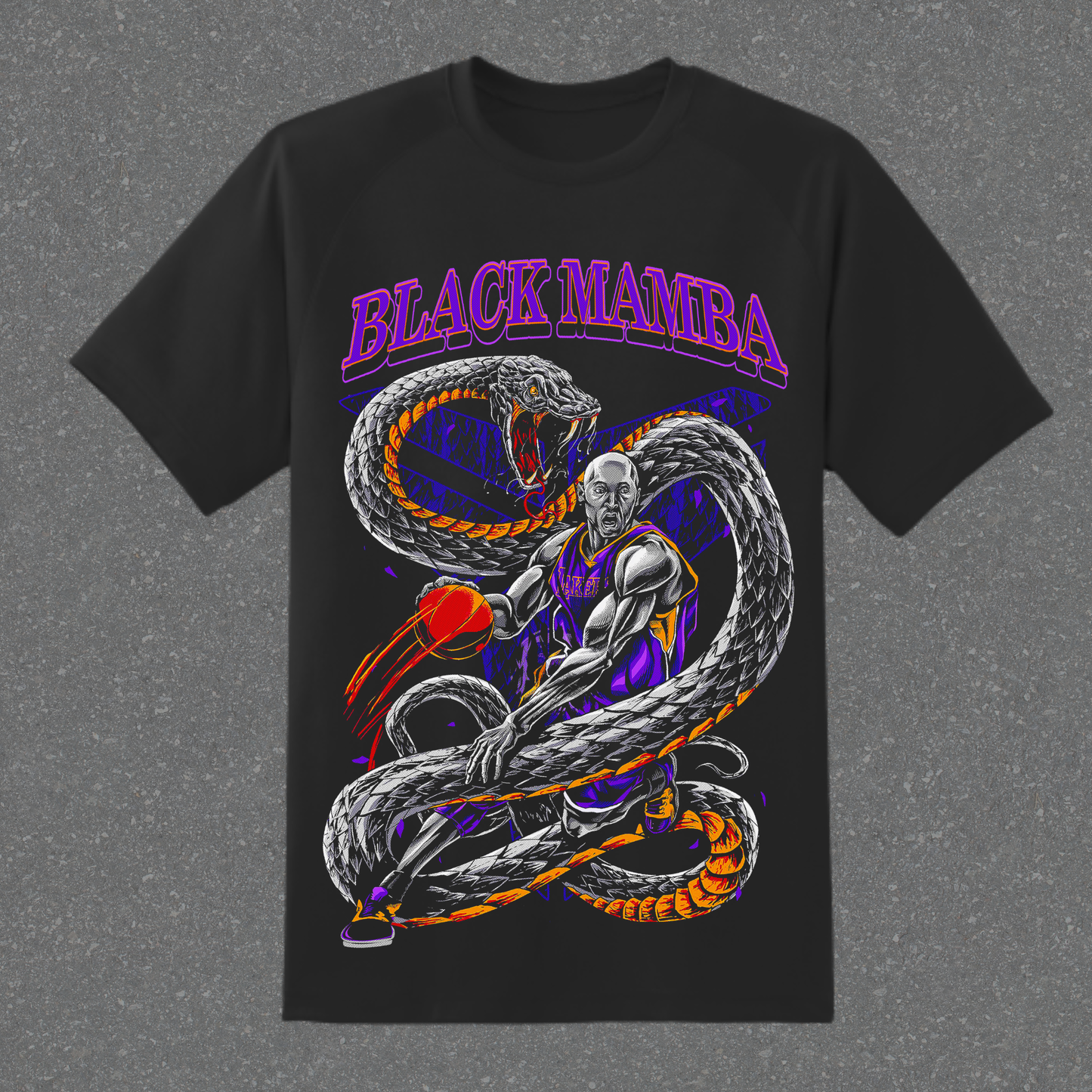 Black t-shirt with 'Black Mamba' graphic design featuring a snake and a person on a gray background