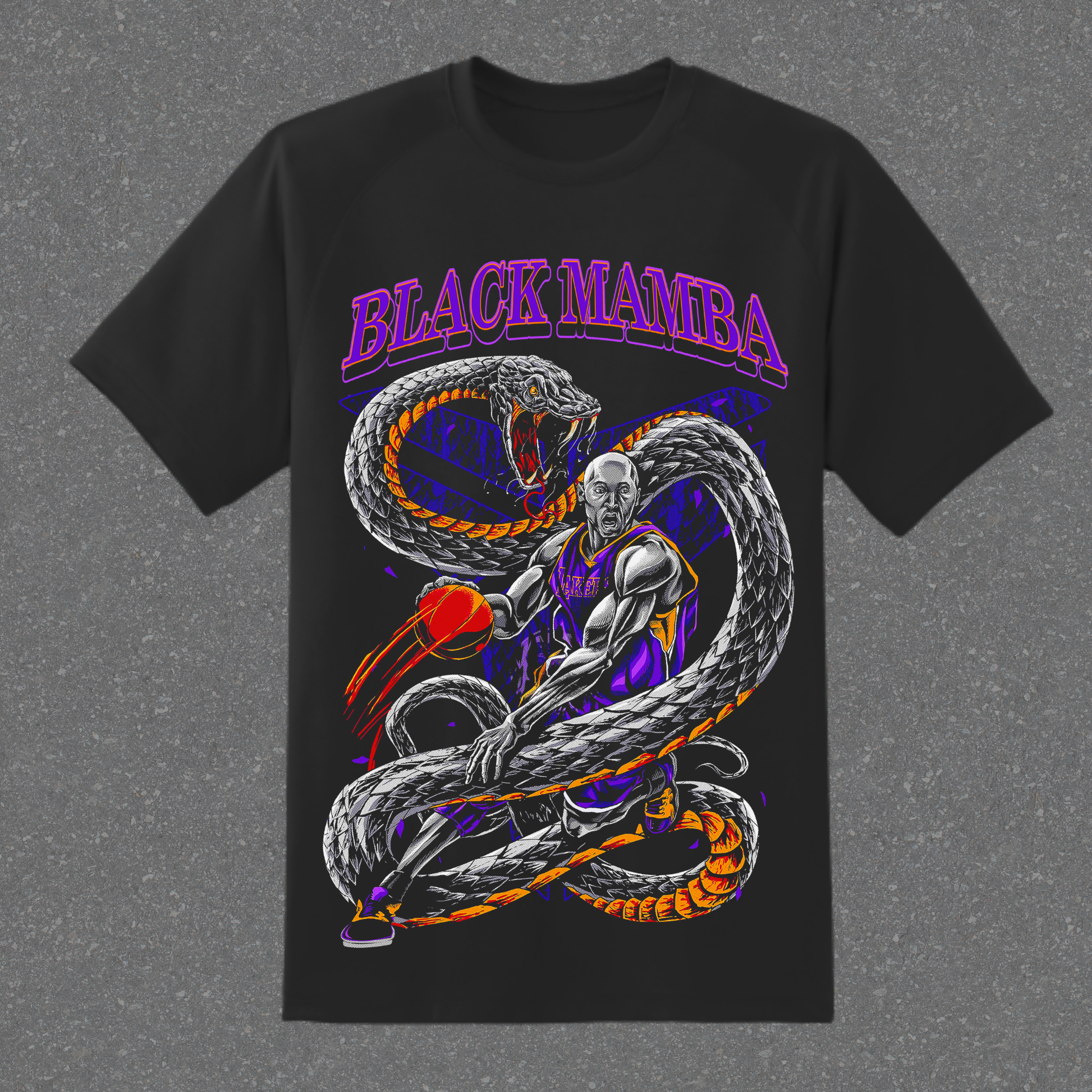Black t-shirt with 'Black Mamba' graphic design featuring a snake and a person on a gray background