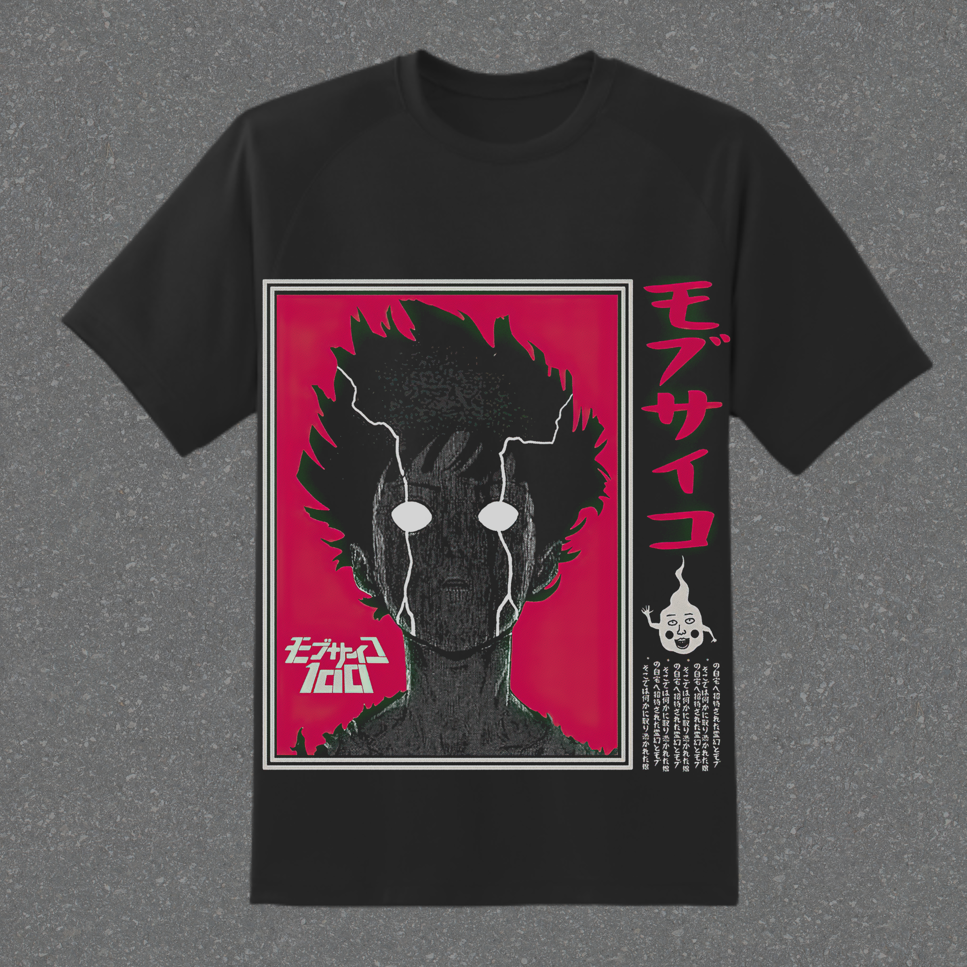 Black t-shirt with a graphic design of a character's face on a red background with Japanese text.