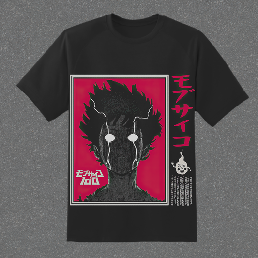 Black t-shirt with a graphic design of a character's face on a red background with Japanese text.